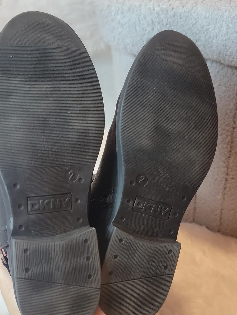 Girls DKNY Black Tall Boots with Gold Emma Harness Logo. Size 2